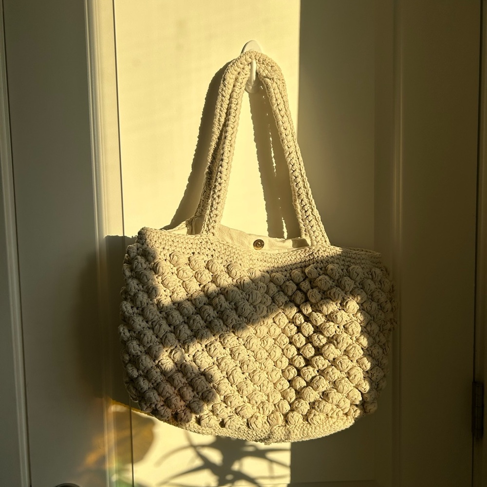 Zara Cream Artisanal Tote Bag with Geometric Pattern